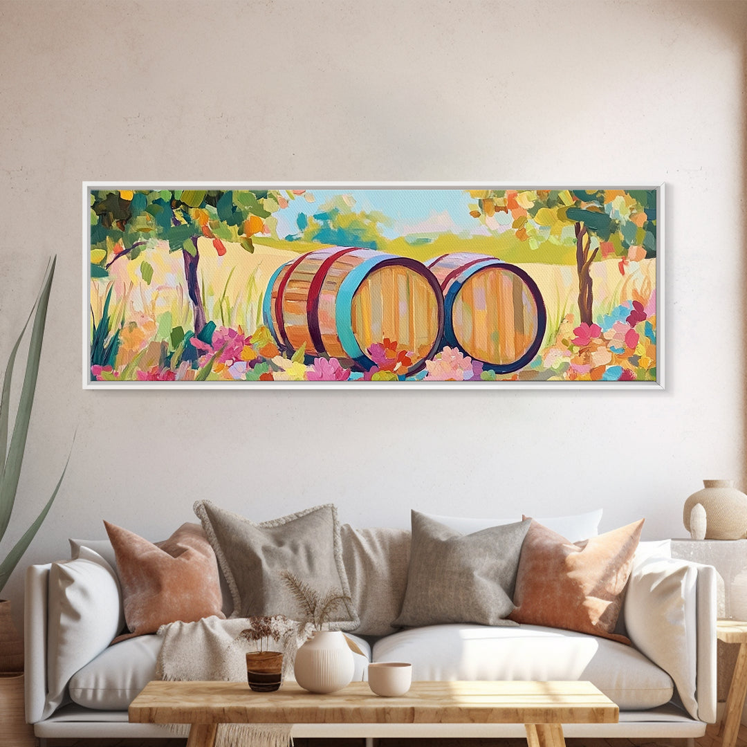 Sunny Vineyard Wine Barrels Framed Canvas Print, Wine Country Art, Rustic Wall Art, Winery Decor, Housewarming Gift Idea
