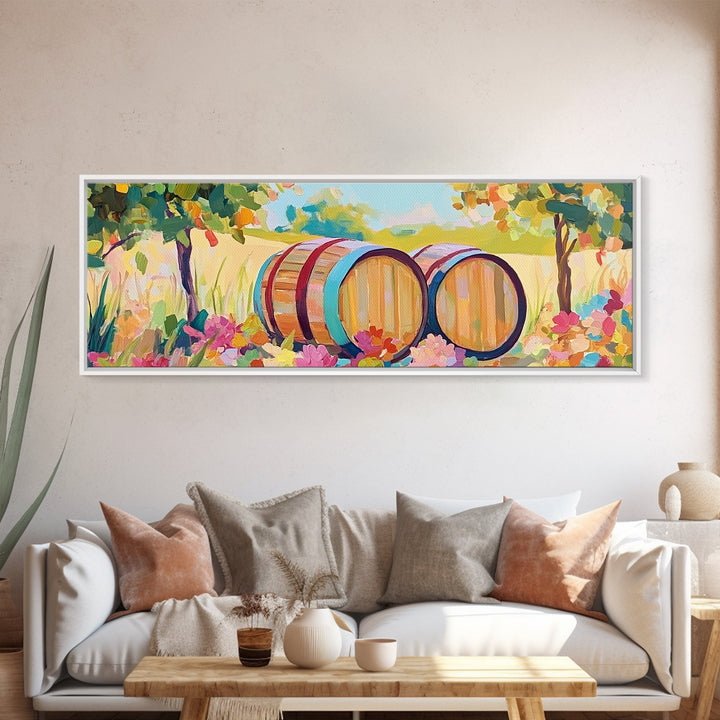 Sunny Vineyard Wine Barrels Framed Canvas Print, Wine Country Art, Rustic Wall Art, Winery Decor, Housewarming Gift Idea