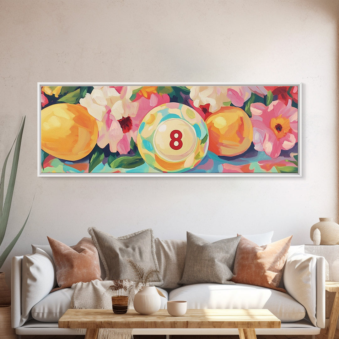 Pool Eight Ball With Pink Flowers Canvas Print, Retro Game Room Art, Billiards Wall Art, Man Cave Decor, Gift For Him Poster