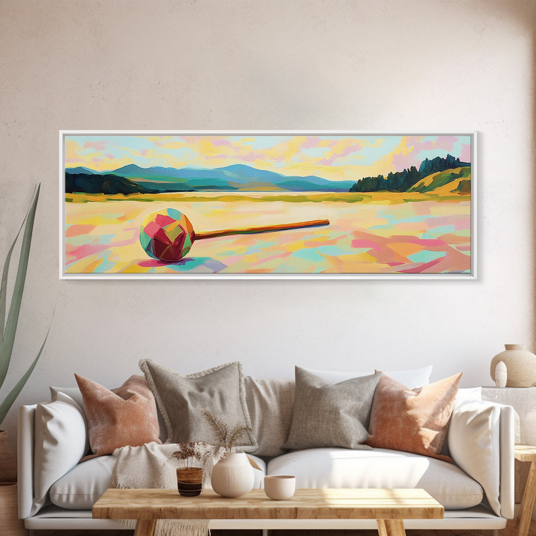 Colorful Croquet Ball And Mallet Landscape Canvas Print, Lake House Wall Decor, Summer Game Room Art, Rustic Cabin Gift Idea