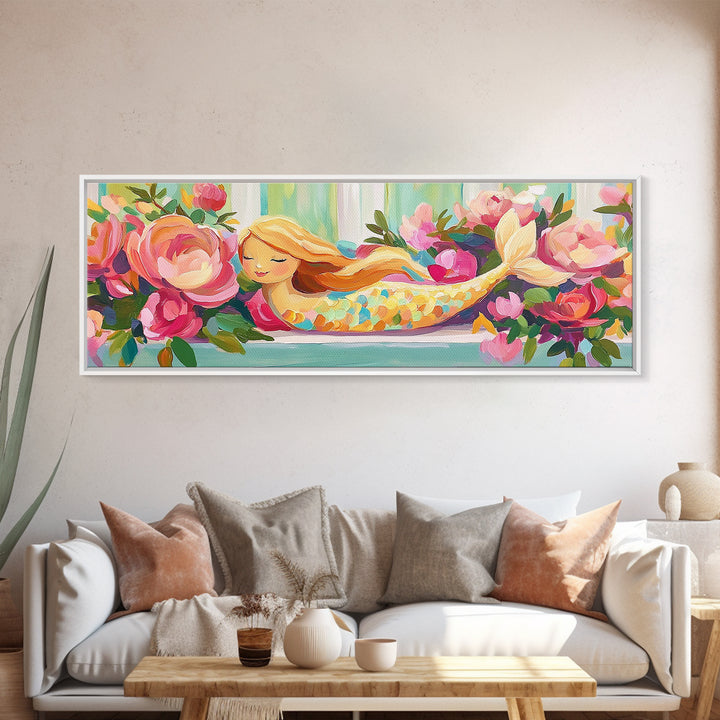 Sleeping Mermaid In Rose Garden Canvas Print, Whimsical Floral Wall Art, Girls Room Decor, Nursery Wall Art, Fantasy Gift