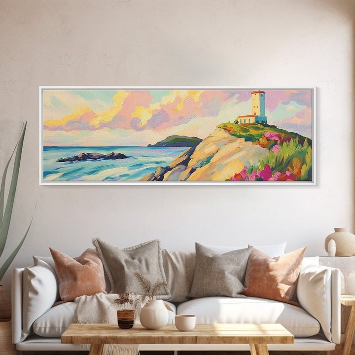 Pastel Lighthouse On Rocky Coast Canvas Print, Coastal Wall Art, Beach House Decor, Ocean Landscape, Nautical Living Room Art