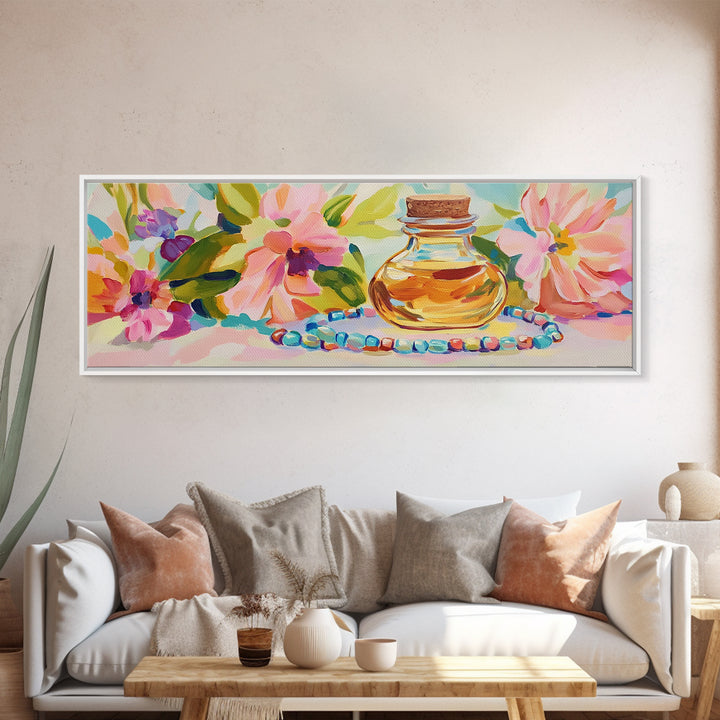 Perfume Bottle And Floral Beads Canvas Print, Feminine Wall Art, Pink Floral Home Decor, Girly Bedroom Decor Gift For Her