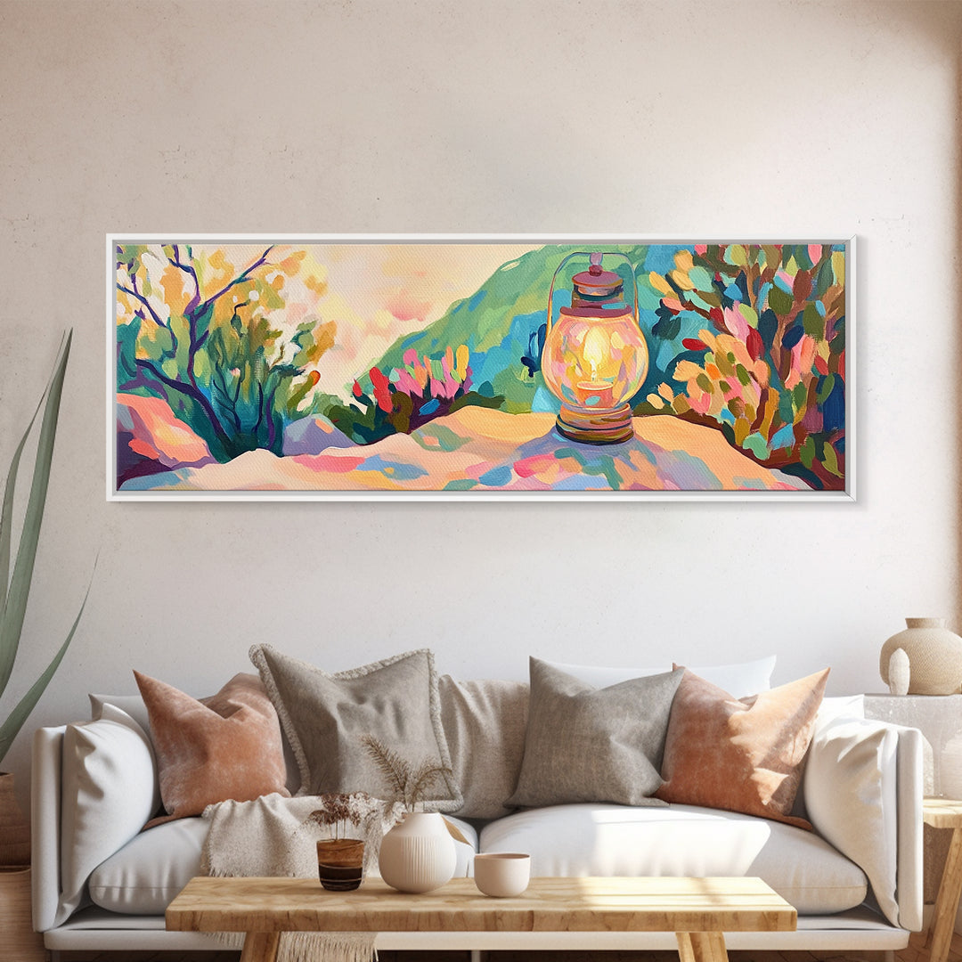 Glowing Lantern Mountain Landscape Canvas Print, Cozy Wall Art, Rustic Nature Decor, Cabin Living Room Art Print Housewarming Gift