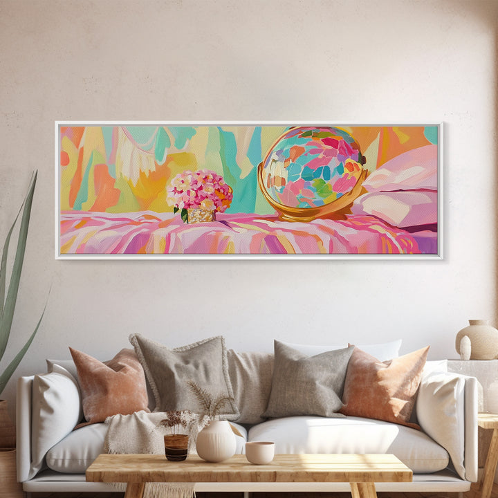 Pastel Vanity Globe And Pink Bouquet Framed Canvas Print, Girly Bedroom Wall Art, Coquette Room Decor, Gift For Her, Aesthetic Wall Art