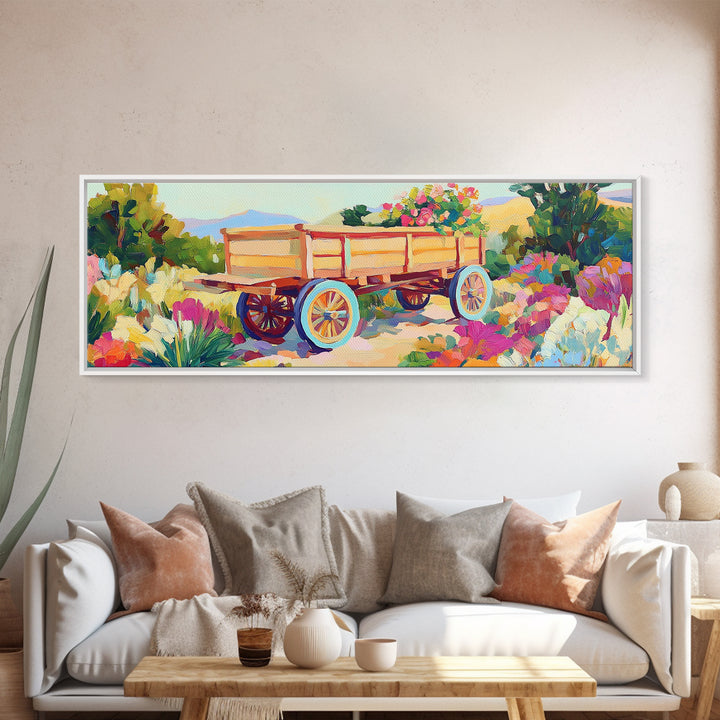 Wooden Garden Wagon In Blooming Desert Wall Art, Rustic Farmhouse Decor, Country Landscape Art Print, Housewarming Gift For New Home