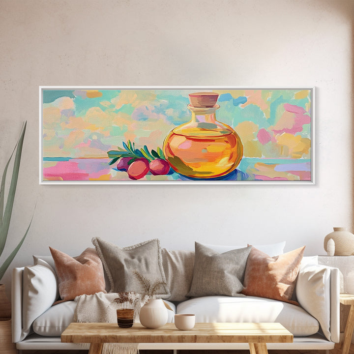 Golden Olive Oil Bottle And Olives Canvas Print, Mediterranean Kitchen Wall Art, Foodie Gift, Still Life Home Decor, Art For Kitchen