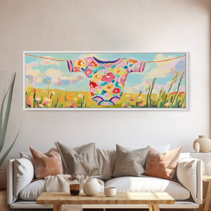 Floral Baby Onesie On Clothesline Wall Art, Nursery Wall Art For Baby Girl Room Decor, Baby Shower Gift, Kids Room Decor