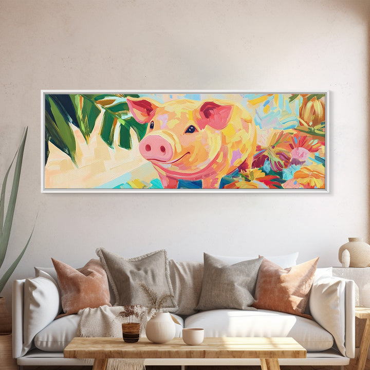 Smiling Pink Pig With Tropical Flowers Canvas Print, Whimsical Animal Wall Art, Farm Animal Nursery Decor, Cute Home Decor