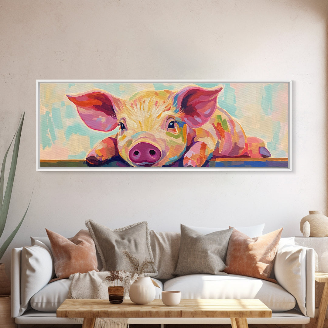 Playful Piglet Portrait Framed Canvas Print, Whimsical Farm Animal Wall Art, Cute Nursery Decor, Farmhouse Home Decor Gift