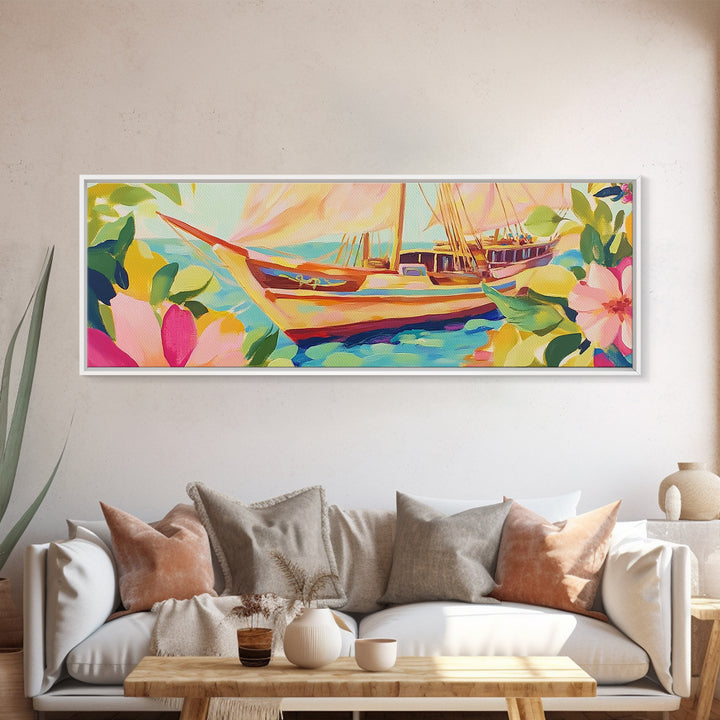 Tropical Sailboat In Turquoise Water Canvas Print, Coastal Wall Art, Nautical Beach House Decor, Ocean Landscape Housewarming Gift
