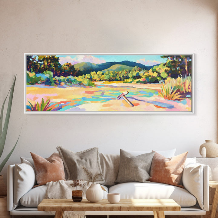 Colorful Sandy River Beach Framed Canvas Print, Coastal Wall Art, Mountain Landscape Art, Summer Decor, Housewarming Gift
