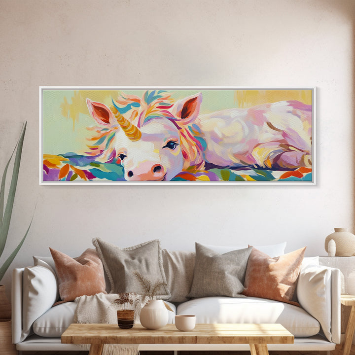 Pastel Resting Unicorn Canvas Print, Whimsical Fantasy Art, Girls Room Decor, Nursery Wall Art, Magical Kids Room Decor Print