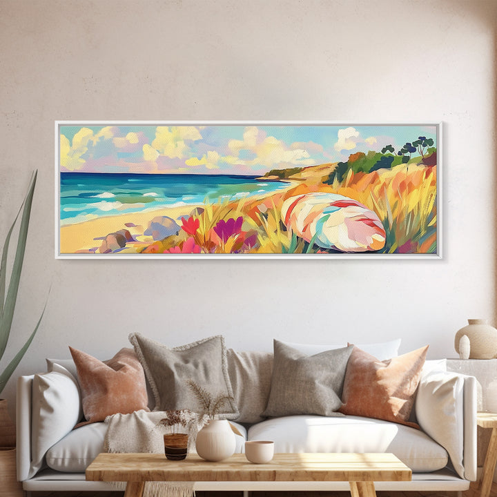 Sunny Coastal Beach With Seashell And Wildflowers Wall Art, Ocean Landscape Canvas Print, Beach House Decor, Summer Vibes
