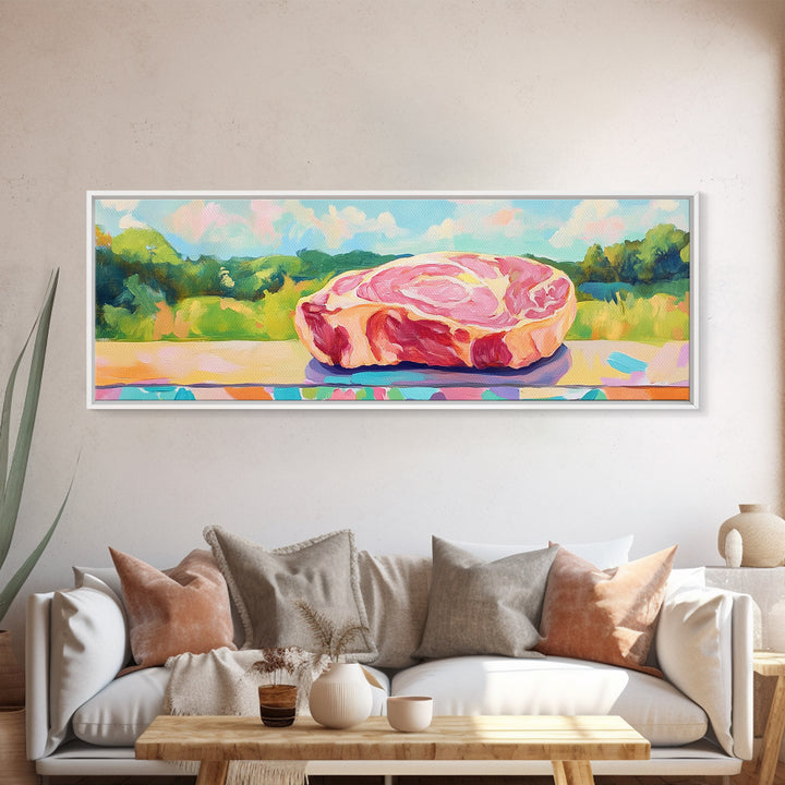 Pastel Steak Still Life In Green Meadow Wall Art, Quirky Kitchen Canvas Print, Colorful Food Decor, Dining Room Art Gift