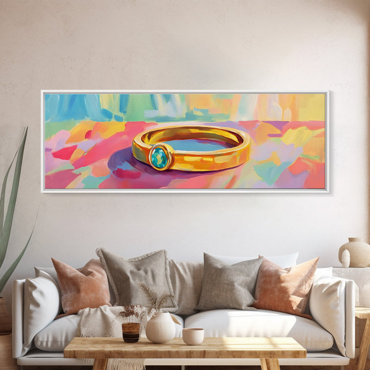 Gold Ring With Blue Gemstone Canvas Print, Elegant Wall Art, Jewelry Lover Gift, Feminine Bedroom Decor, Modern Print, Home Decor