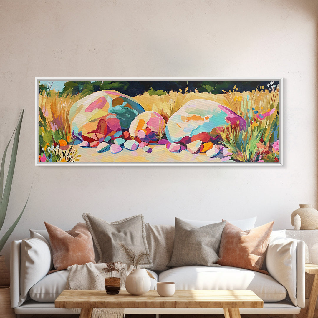 Sunlit Painted Boulders In Golden Meadow Wall Art, Modern Landscape, Nature Wall Decor, Rustic Home Decor, Canvas Print, Housewarming Gift