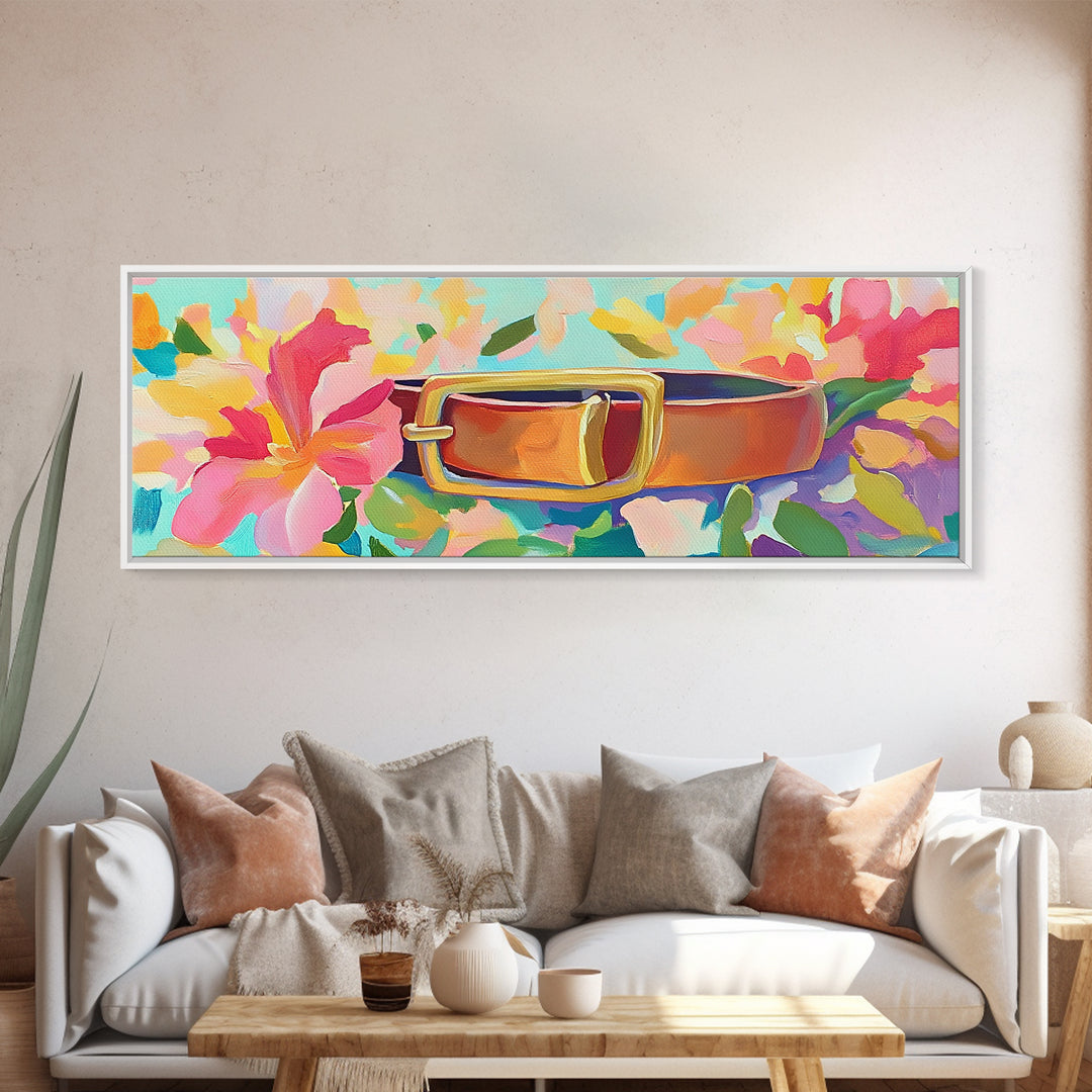 Leather Belt With Gold Buckle And Pink Flowers Wall Art, Feminine Wall Decor, Western Decor, Floral Canvas Print, Gift For Her