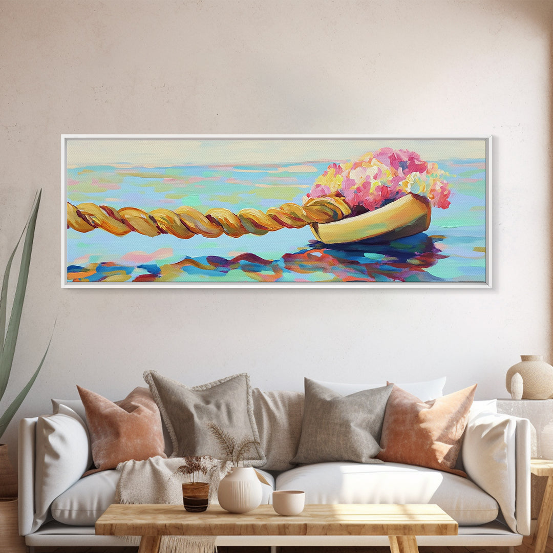 Wooden Boat With Pink Flowers And Rope On Water Canvas Print, Coastal Wall Art, Nautical Decor, Beach House Decor, Gift For Her