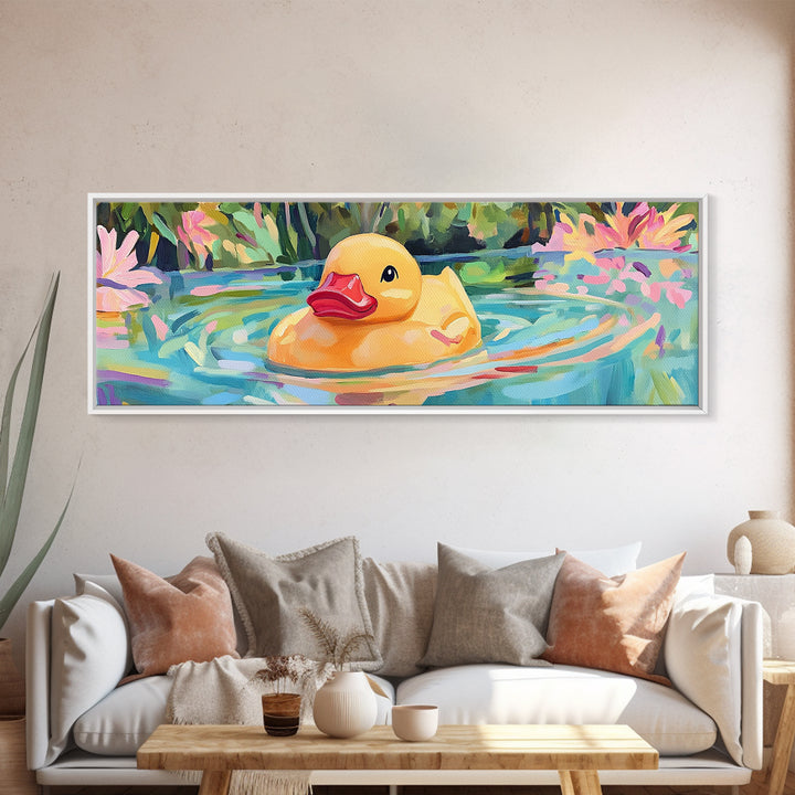 Cheerful Rubber Duck Floating In Lily Pond Wall Art, Kids Bathroom Decor, Whimsical Animal Art, Canvas Print Gift For Kids