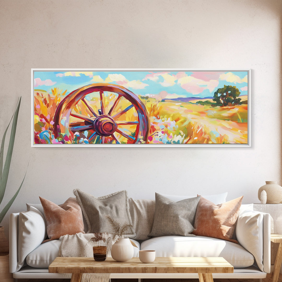 Rustic Wagon Wheel In Wildflower Field Framed Canvas Print, Farmhouse Wall Art, Country Landscape Decor, Gift For Him Home Decor
