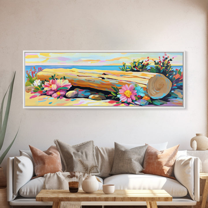 Beach Hat And Flowers On Sandy Shore Canvas Print, Coastal Wall Art, Beach House Decor, Summer Seascape, Nautical Gift Art