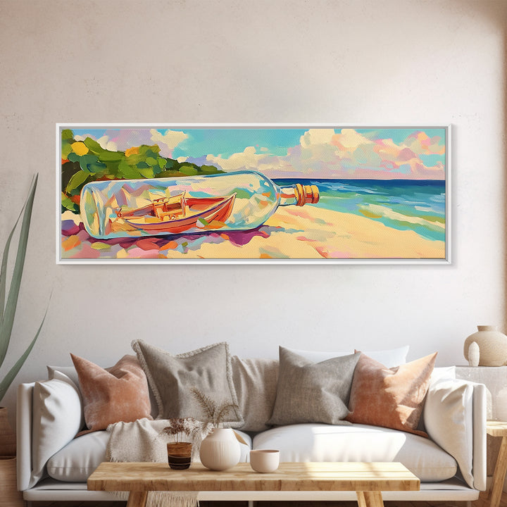 Boat In A Bottle On Sunny Beach Wall Art, Coastal Canvas Print, Ocean Wall Decor, Nautical Decor, Beach House Decor, Seascape Art