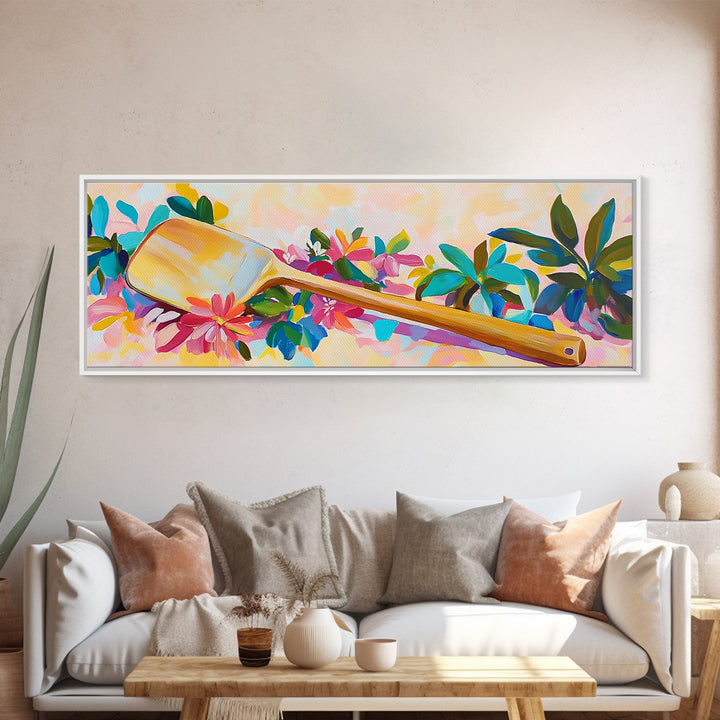 Wooden Paddle With Tropical Flowers Wall Art, Coastal Canvas Print, Beach House Decor, Nautical Wall Art, Tropical Decor