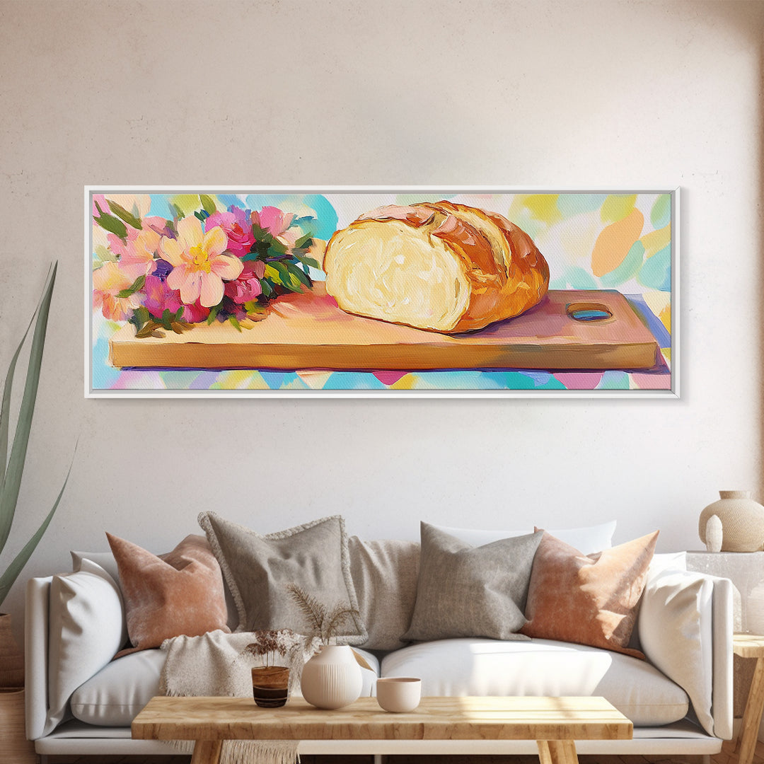 Crusty Bread Loaf And Flowers Canvas Print, Cozy Kitchen Wall Art, Bakery Decor, Food Still Life Art Print, Housewarming Gift