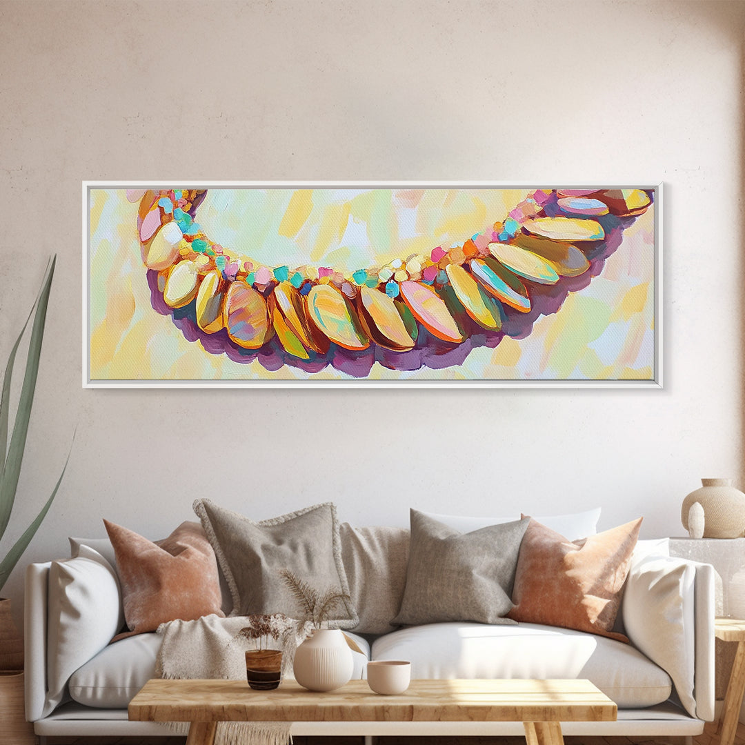 Pastel Seashell Necklace Wall Art, Coastal Beach House Decor Canvas Print, Ocean Wall Decor, Feminine Boho Art Print For Bedroom