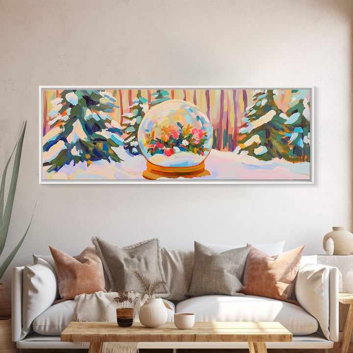 Winter Forest Snow Globe With Flowers Framed Canvas Print, Cozy Christmas Wall Art For Cabin Decor And Seasonal Home Decor