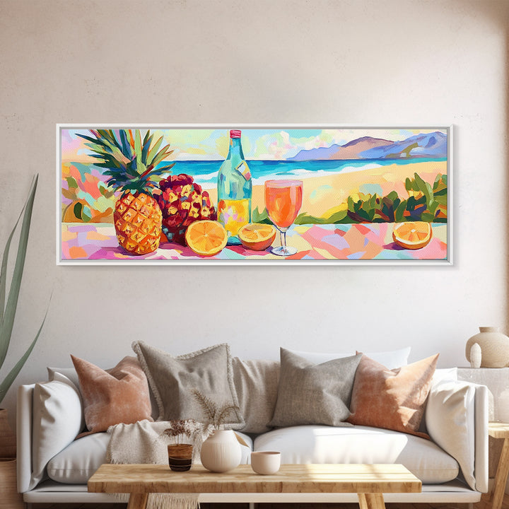 Vibrant Pineapple Citrus Beach Still Life Canvas Print, Tropical Kitchen Wall Art, Coastal Decor, Summer Bar Art Gift For Home Decor