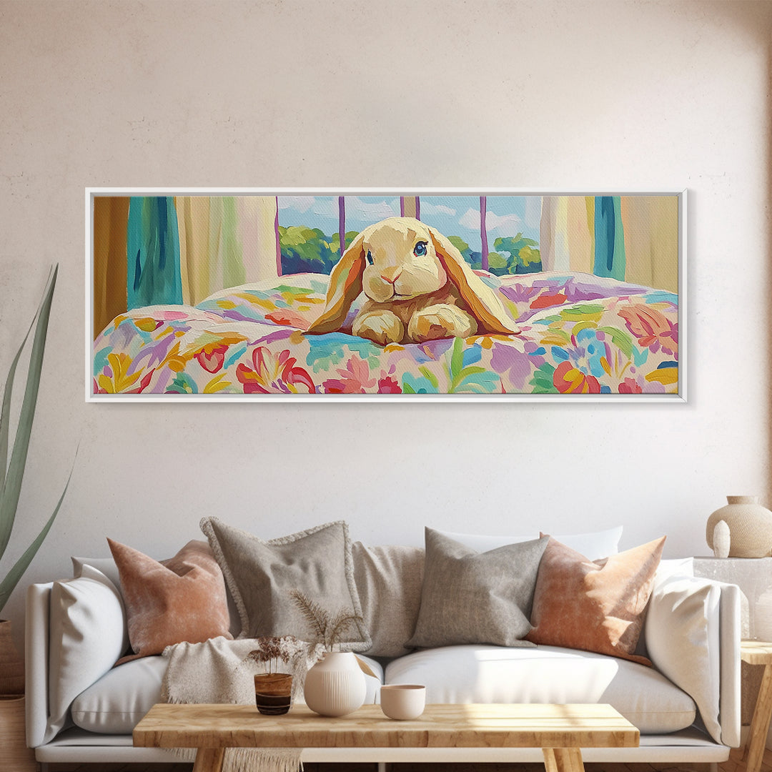 Sweet Bunny On Floral Bed Framed Canvas Print, Nursery Wall Art, Whimsical Kids Room Decor, Cute Animal Baby Shower Gift For Her