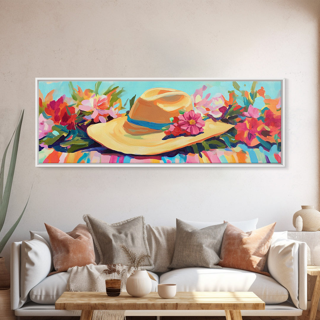 Straw Sun Hat With Tropical Flowers Canvas Print, Beach Wall Art, Coastal Cowgirl Decor, Summer Fashion Gift For Her Home Decor