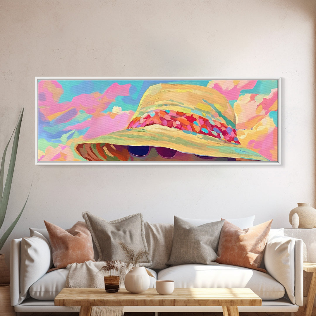 Wide Brim Beach Hat And Sunglasses Canvas Print, Coastal Wall Art, Summer Fashion Decor, Pink Preppy Bedroom Gift For Her