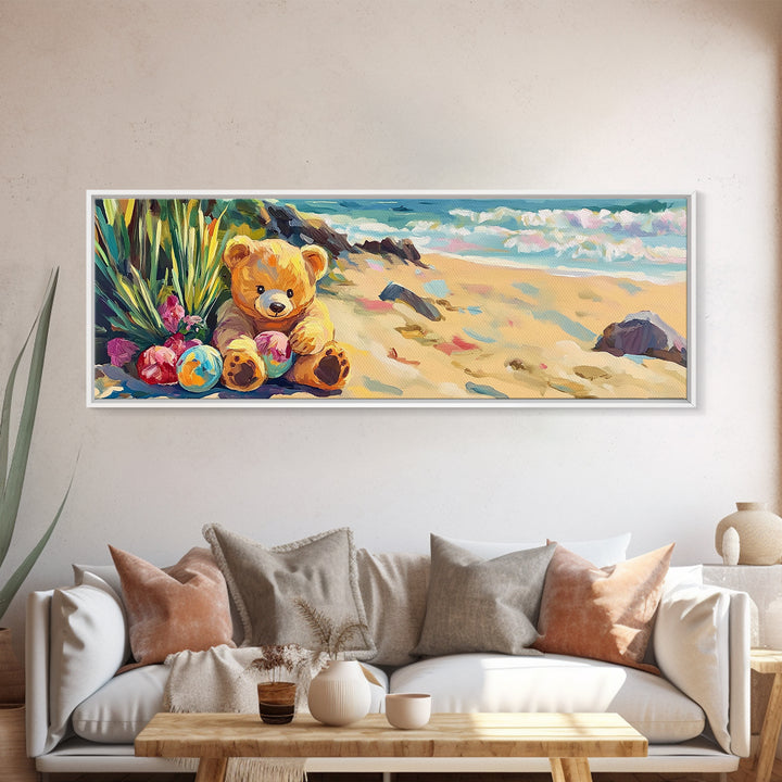 Teddy Bear On Sunny Beach Canvas Print, Coastal Nursery Wall Art, Kids Room Decor, Beach House Decor, Whimsical Baby Gift