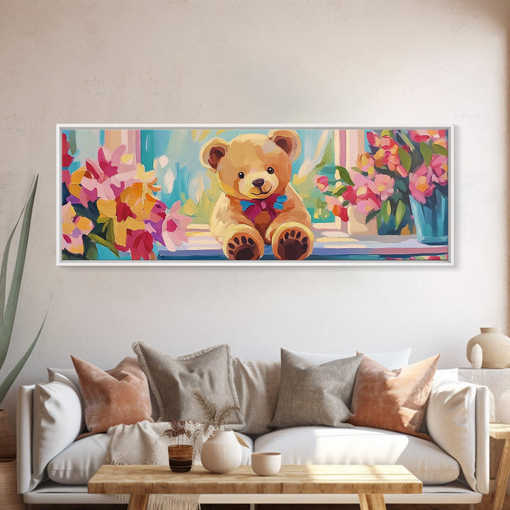 Sweet Teddy Bear By Flower Window Framed Canvas Print, Nursery Wall Art, Kids Room Decor, Whimsical Baby Girl Nursery Gift