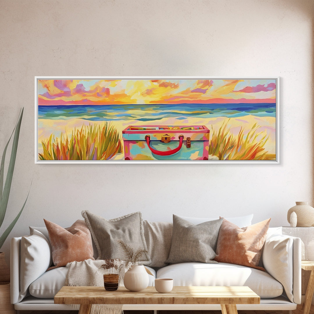 Beach Suitcase At Sunset Canvas Print, Coastal Wall Art, Ocean Wall Decor, Travel Poster, Beach House Decor Gift For Her