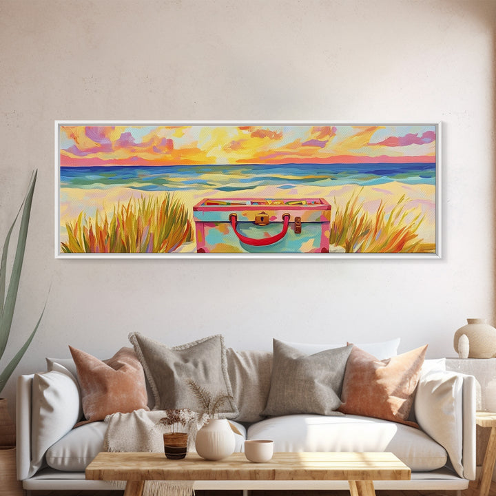 Beach Suitcase At Sunset Canvas Print, Coastal Wall Art, Ocean Wall Decor, Travel Poster, Beach House Decor Gift For Her