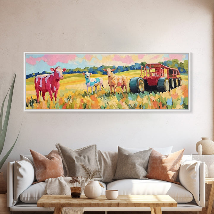 Cows And Sheep Beside Red Farm Wagon Canvas Print, Rustic Farmhouse Wall Art, Country Landscape, Nursery Animal Decor, Baby Shower Gift