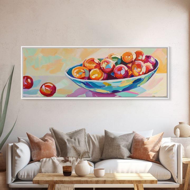 Glossy Cherries In Blue Bowl Canvas Print, Colorful Kitchen Wall Art, Fruit Still Life Painting, Dining Room Decor Gift Idea