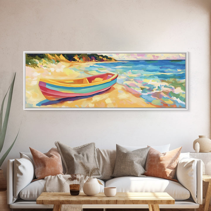 Striped Rowboat Beside Turquoise Waves Wall Art, Coastal Canvas Print, Seascape Painting, Beach House Decor, Ocean Wall Art