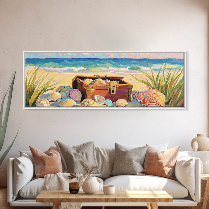 Beach Treasure Chest With Seashells Wall Art, Coastal Canvas Print, Ocean Decor, Beach House Decor, Summer Seascape Gift