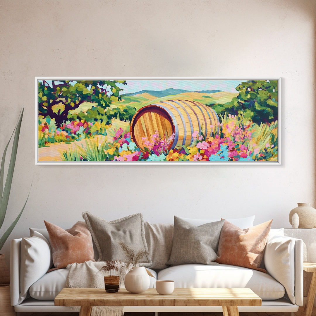 Wine Barrel In Wildflower Vineyard Wall Art, Framed Canvas Print, Winery Decor, Rustic Landscape Art, Housewarming Gift For Her