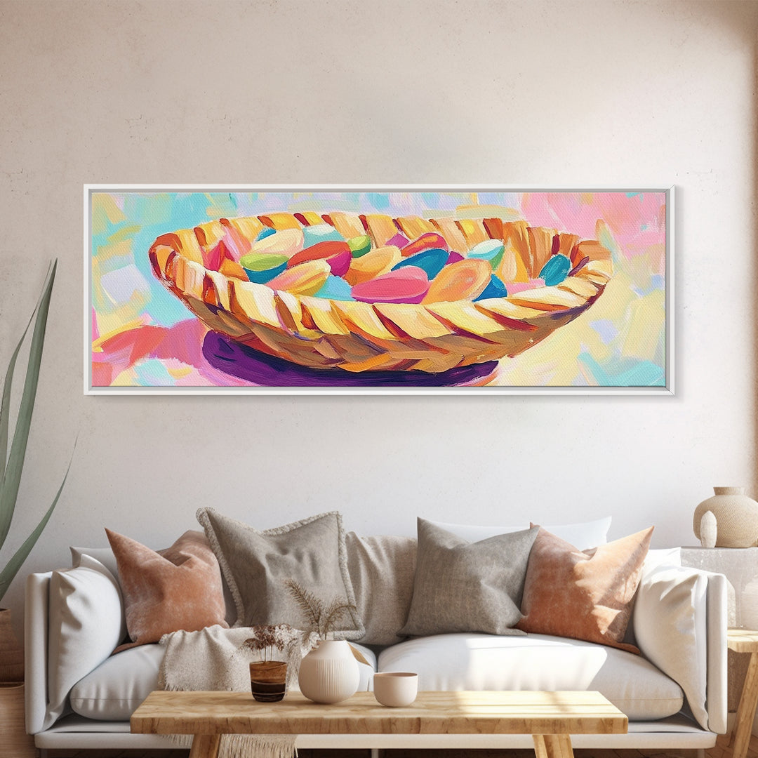 Woven Basket Of Colorful Candy Canvas Print, Whimsical Kitchen Wall Art, Dopamine Decor, Playful Dining Room Art Print Gift