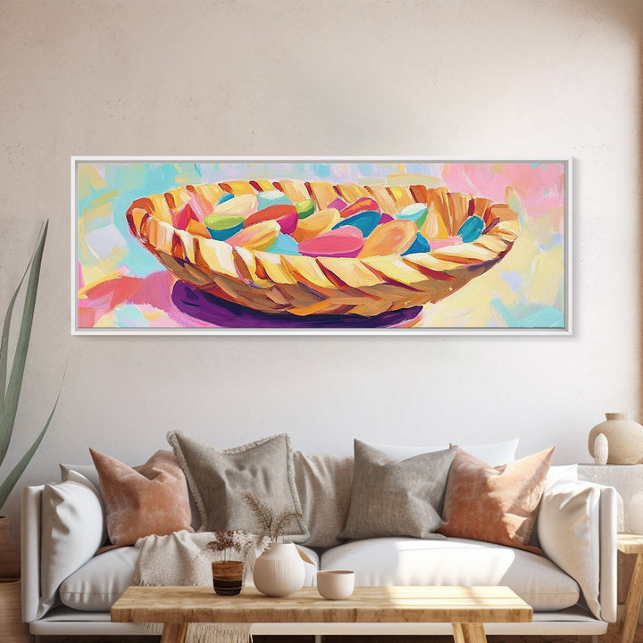Woven Basket Of Colorful Candy Canvas Print, Whimsical Kitchen Wall Art, Dopamine Decor, Playful Dining Room Art Print Gift