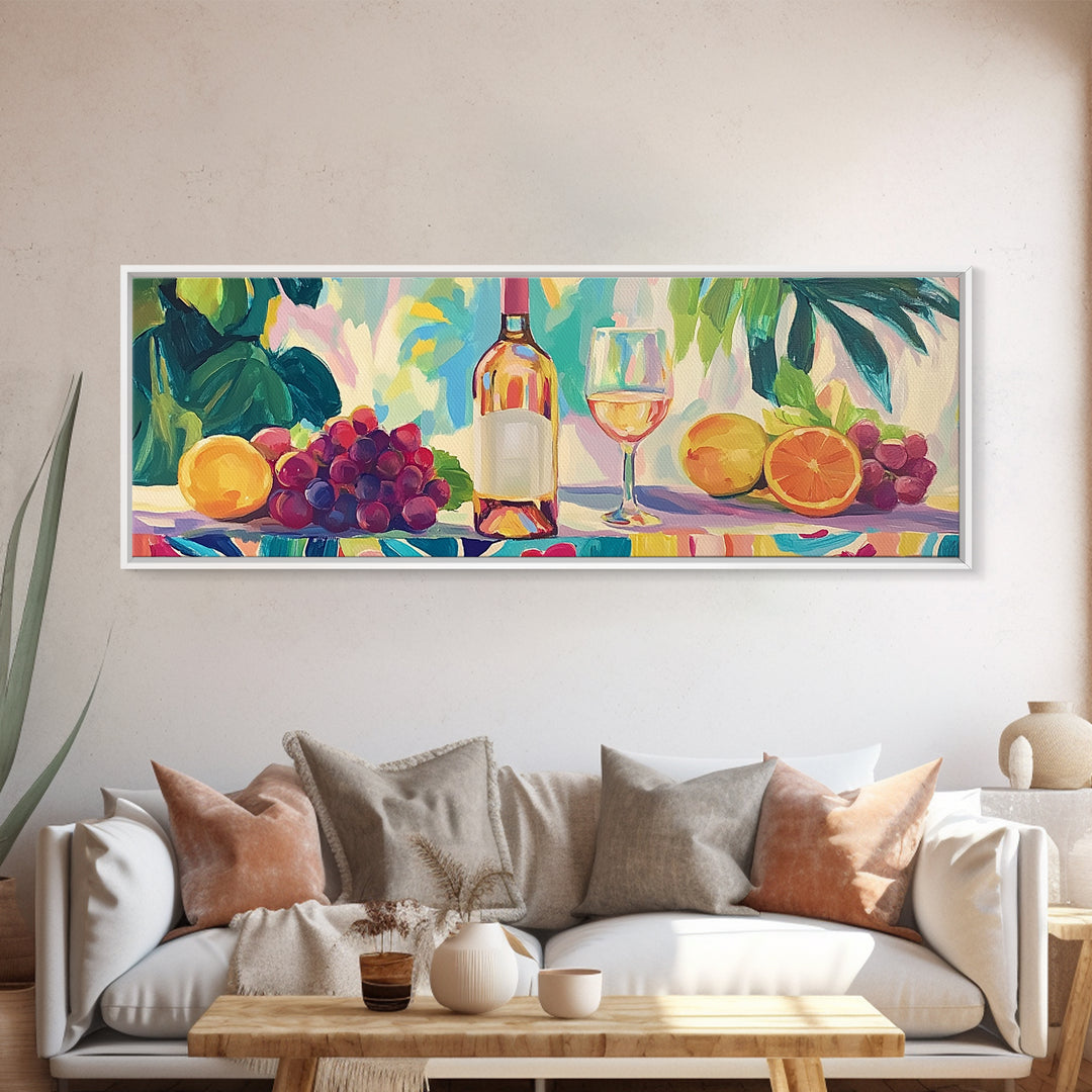 Wine Bottle With Citrus And Grapes Canvas Print, Colorful Kitchen Wall Art, Coastal Dining Room Decor, Wine Lover Gift Idea