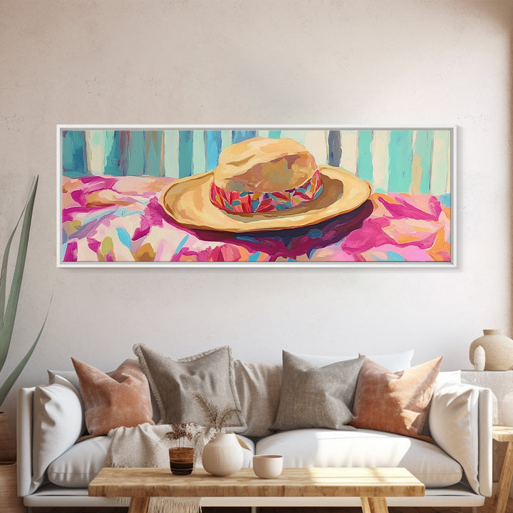 Straw Hat On Floral Beach Towel Canvas Print, Coastal Wall Art, Summer Patio Decor, Beach House Gift For Her, Tropical Home Decor