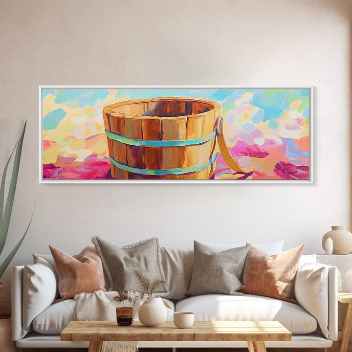 Wooden Beach Bucket On Pink Towel Canvas Print, Coastal Wall Art, Summer Bathroom Decor, Beach House Wall Decor Gift Idea