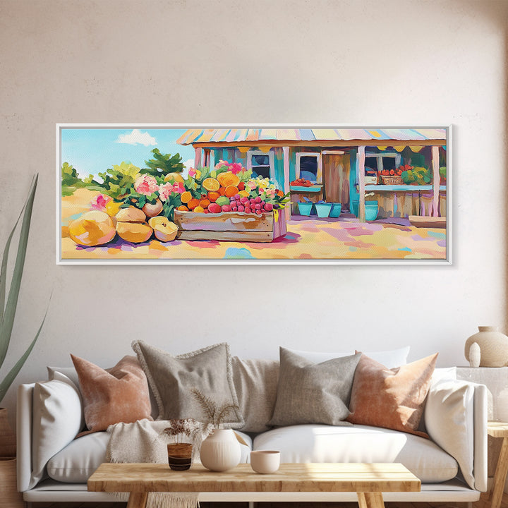 Fruit Stand With Flowers And Citrus Canvas Print, Farmhouse Kitchen Wall Art, Country Home Decor, Farmers Market Gift Idea